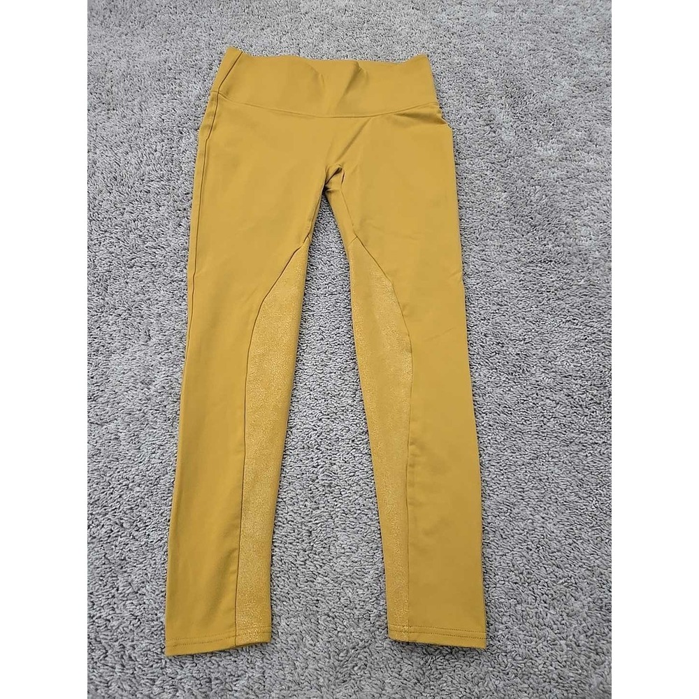 Spanx Ready To Wow Leggings Womens L Mustard Yellow Mid Rise Shimmer Panels
